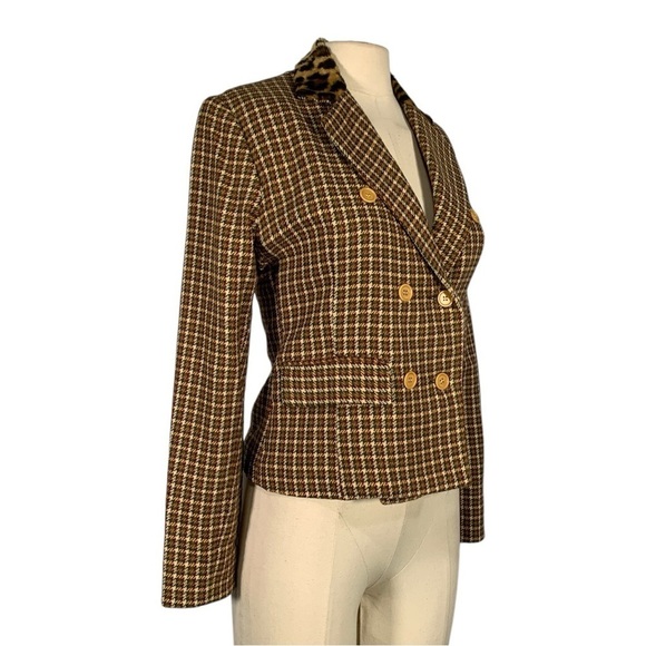 Vintage Finis Retro Y2k Faux Fur Collar Button Front  Blazer Plaid Size 4 - Picture 2 of 12